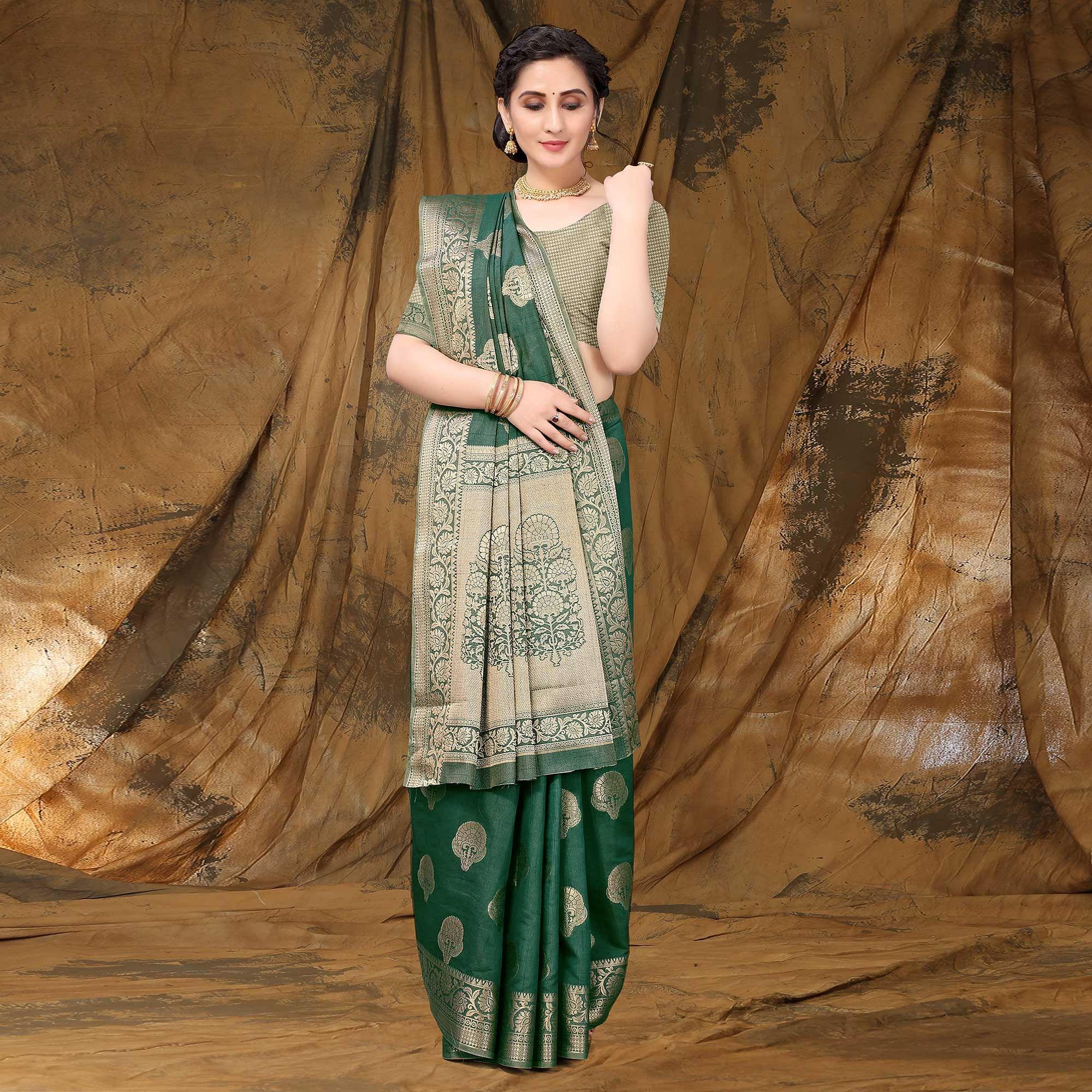 Bottle Green Festive Wear Woven Raw Silk Saree - Peachmode