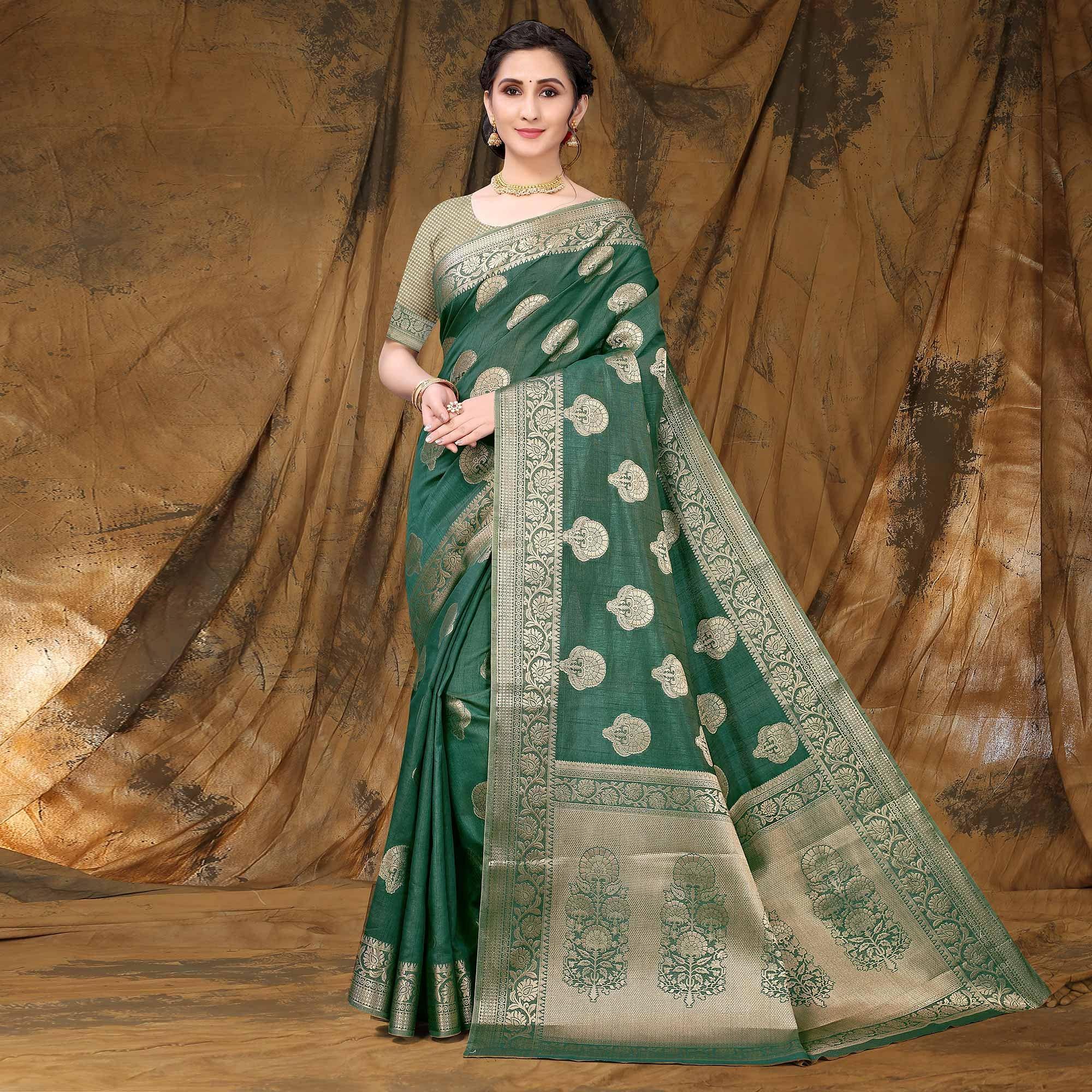 Bottle Green Festive Wear Woven Raw Silk Saree - Peachmode