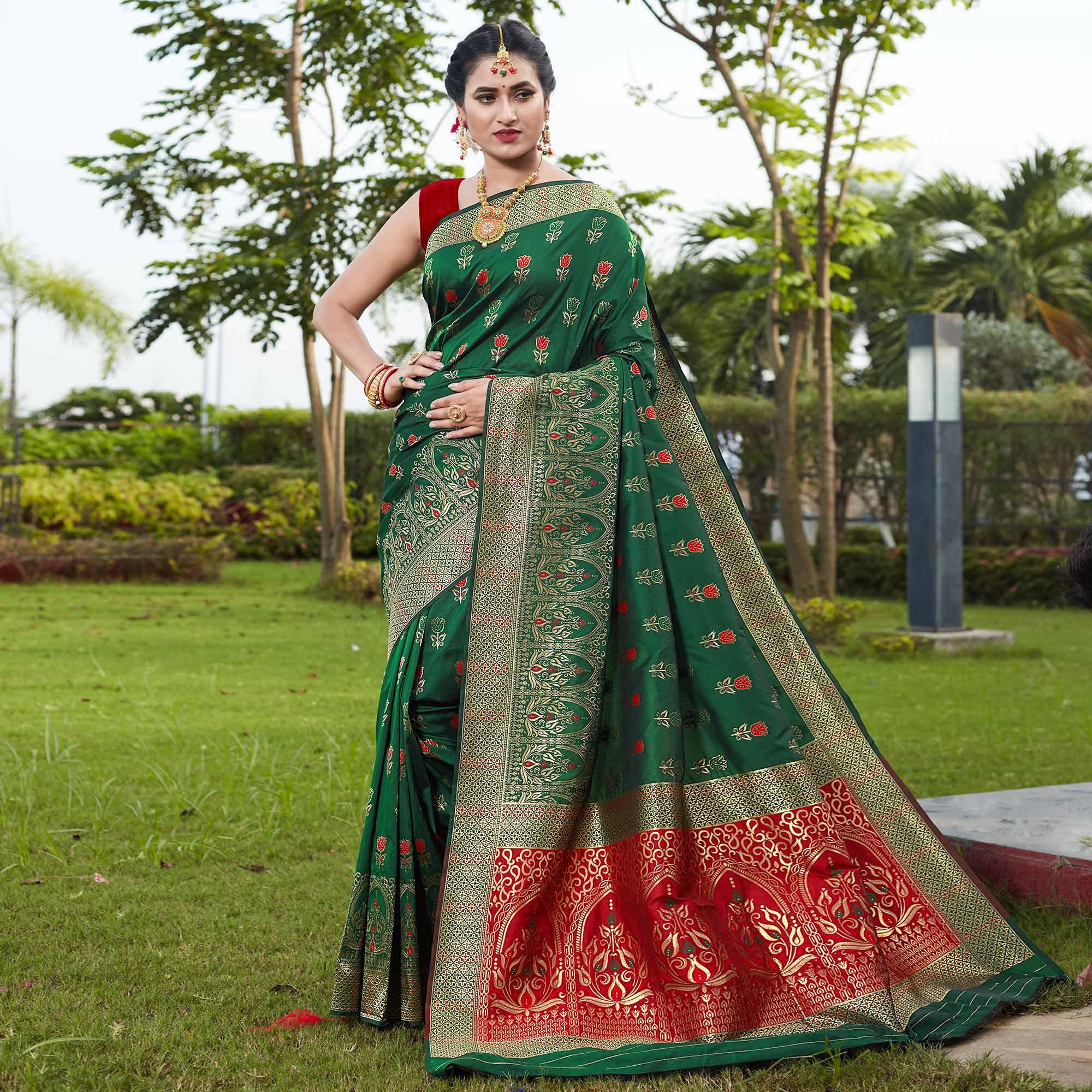 Bottle Green Festive Wear Woven With Meena Rappier Lichi Silk Saree - Peachmode