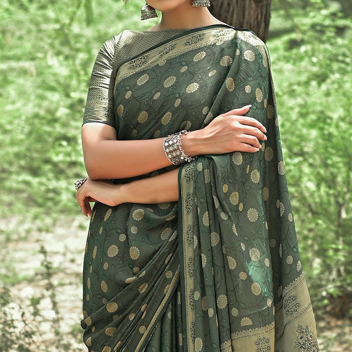 Bottle Green Festive Wear Woven With Swarovski Art Silk Saree - Peachmode