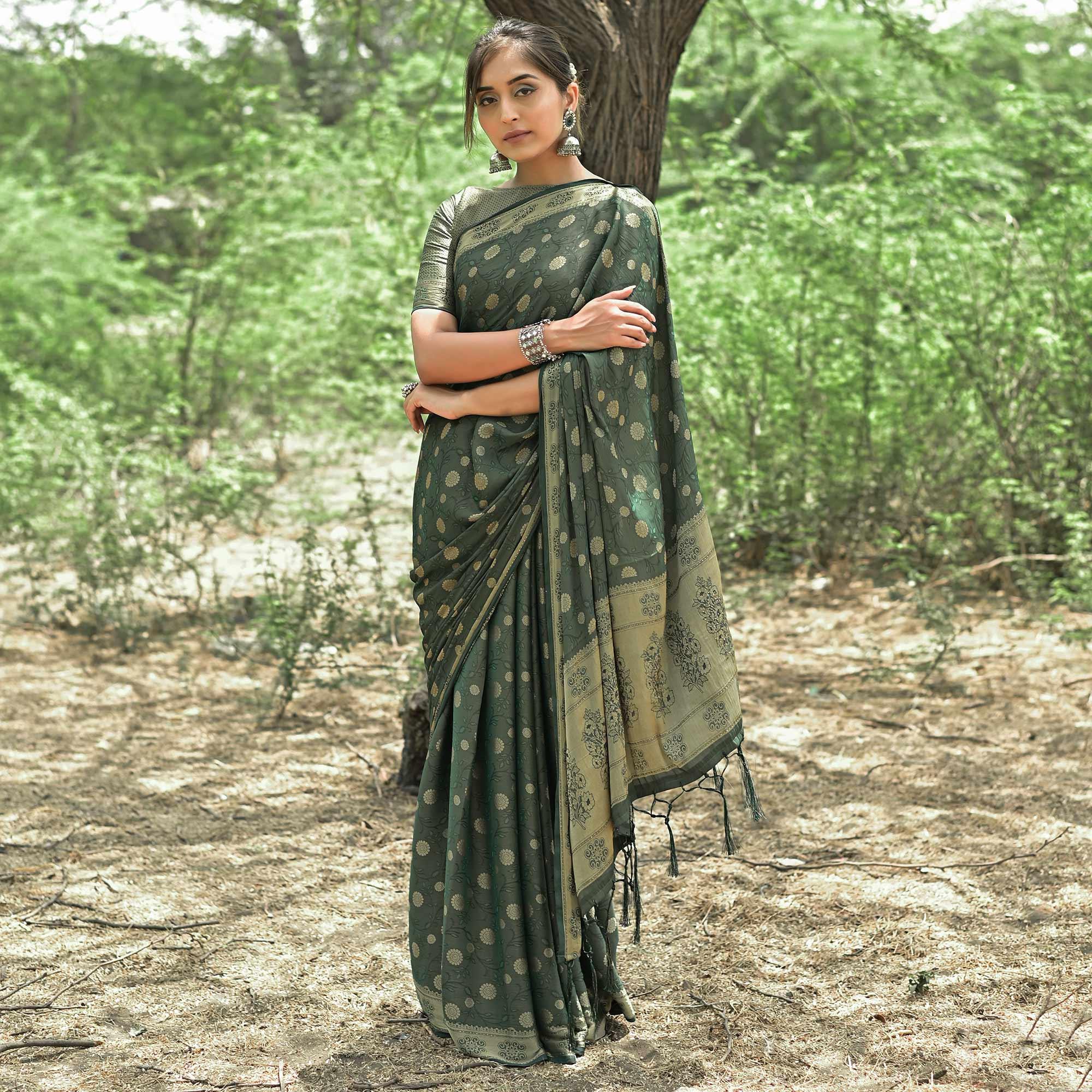 Bottle Green Festive Wear Woven With Swarovski Art Silk Saree - Peachmode