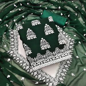 Bottle Green Floral Embroidered Georgette Dress Material - Peachmode