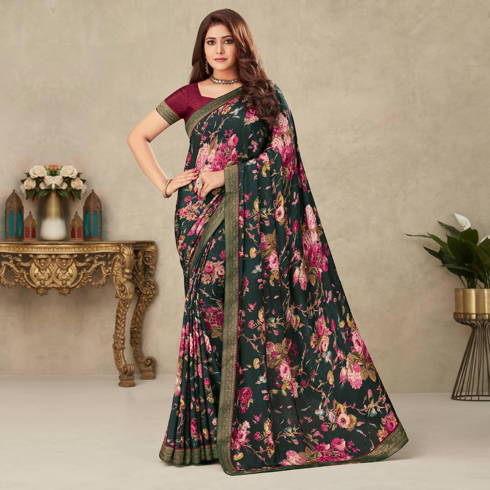 Bottle Green Floral Printed Crepe Saree - Peachmode