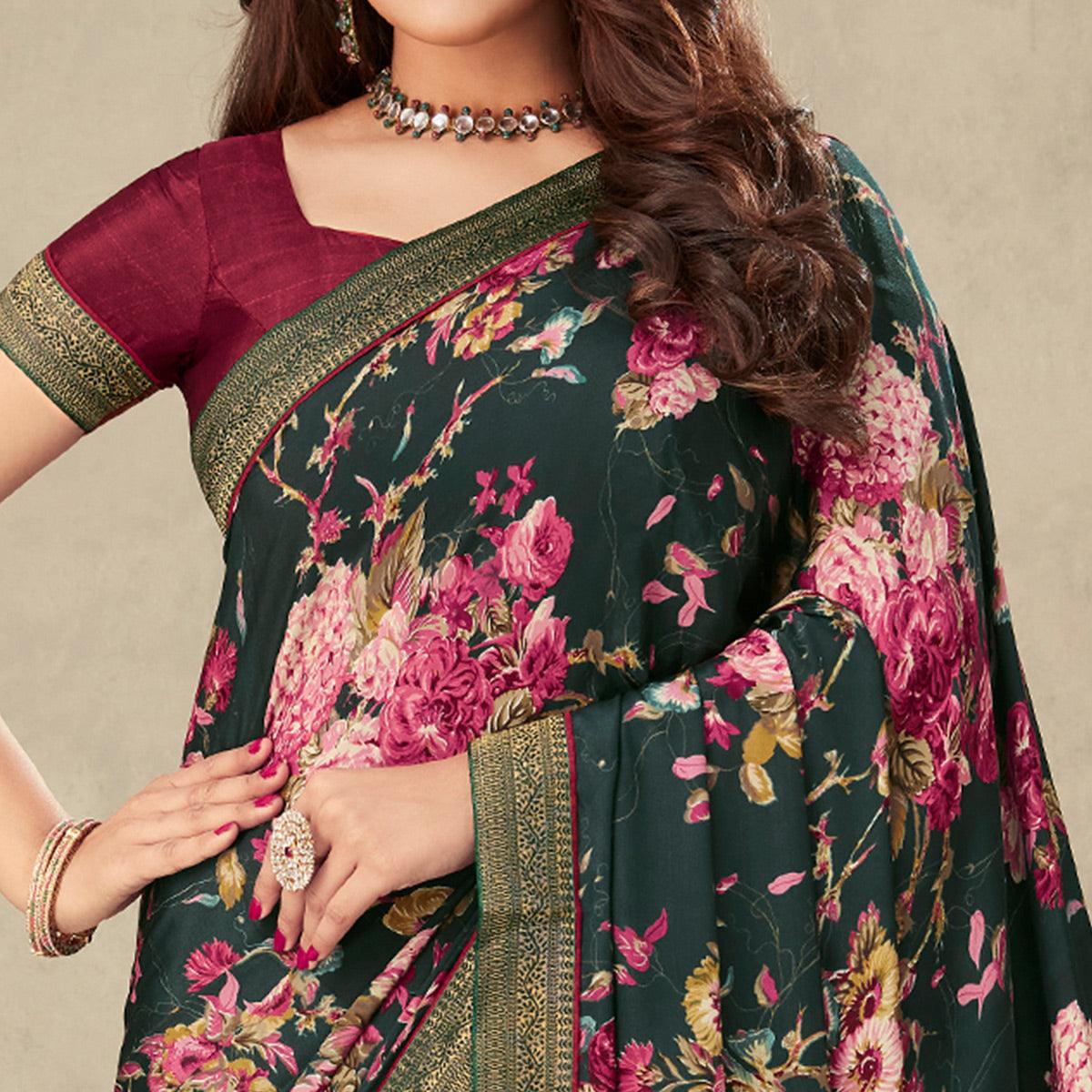 Bottle Green Floral Printed Crepe Saree - Peachmode