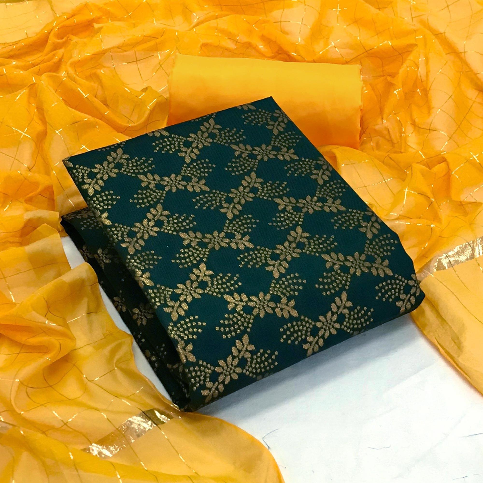 Bottle Green Floral Woven Banarasi Silk Dress Material - Peachmode