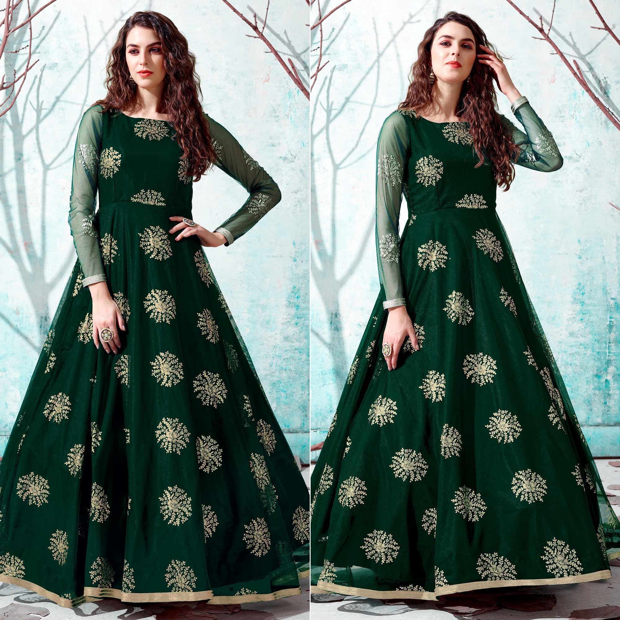 Bottle Green Foil Printed Netted Gown - Peachmode
