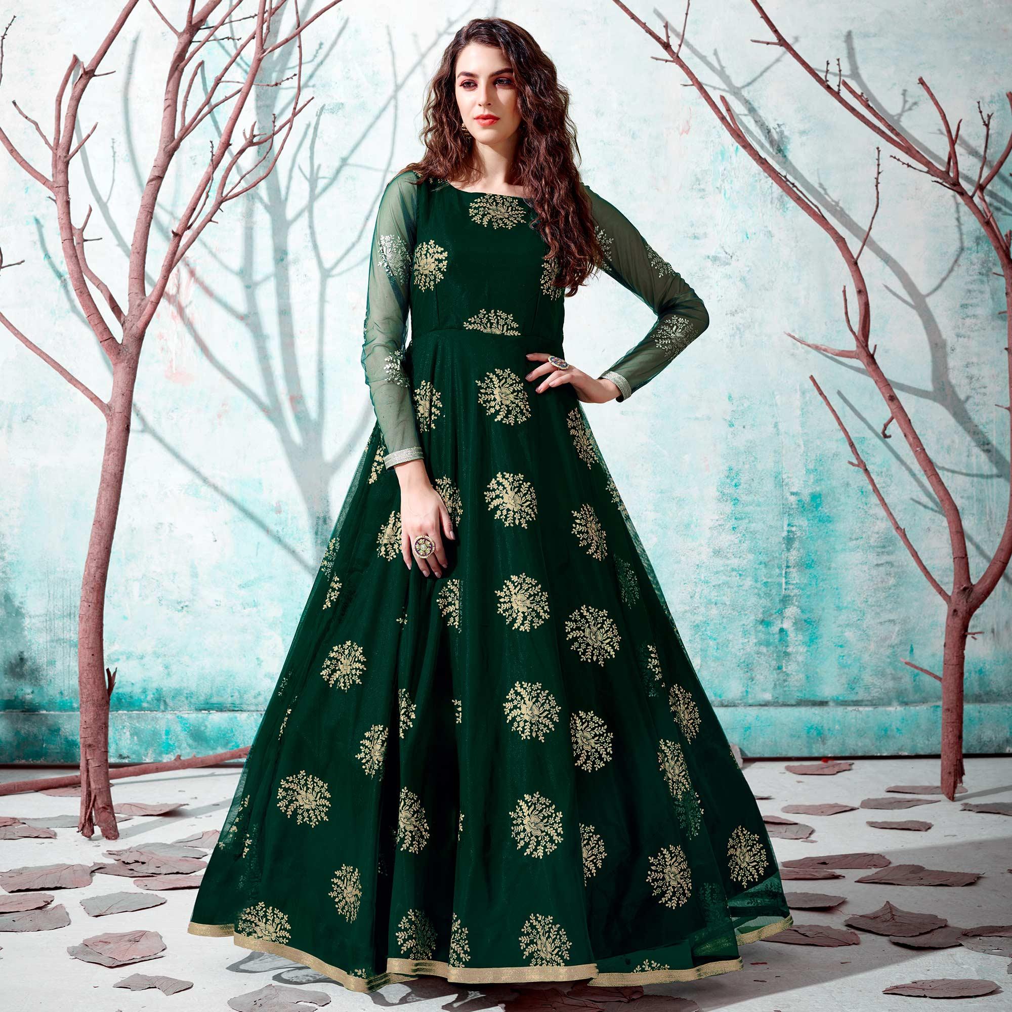 Bottle Green Foil Printed Netted Gown - Peachmode