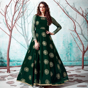 Bottle Green Foil Printed Netted Gown - Peachmode
