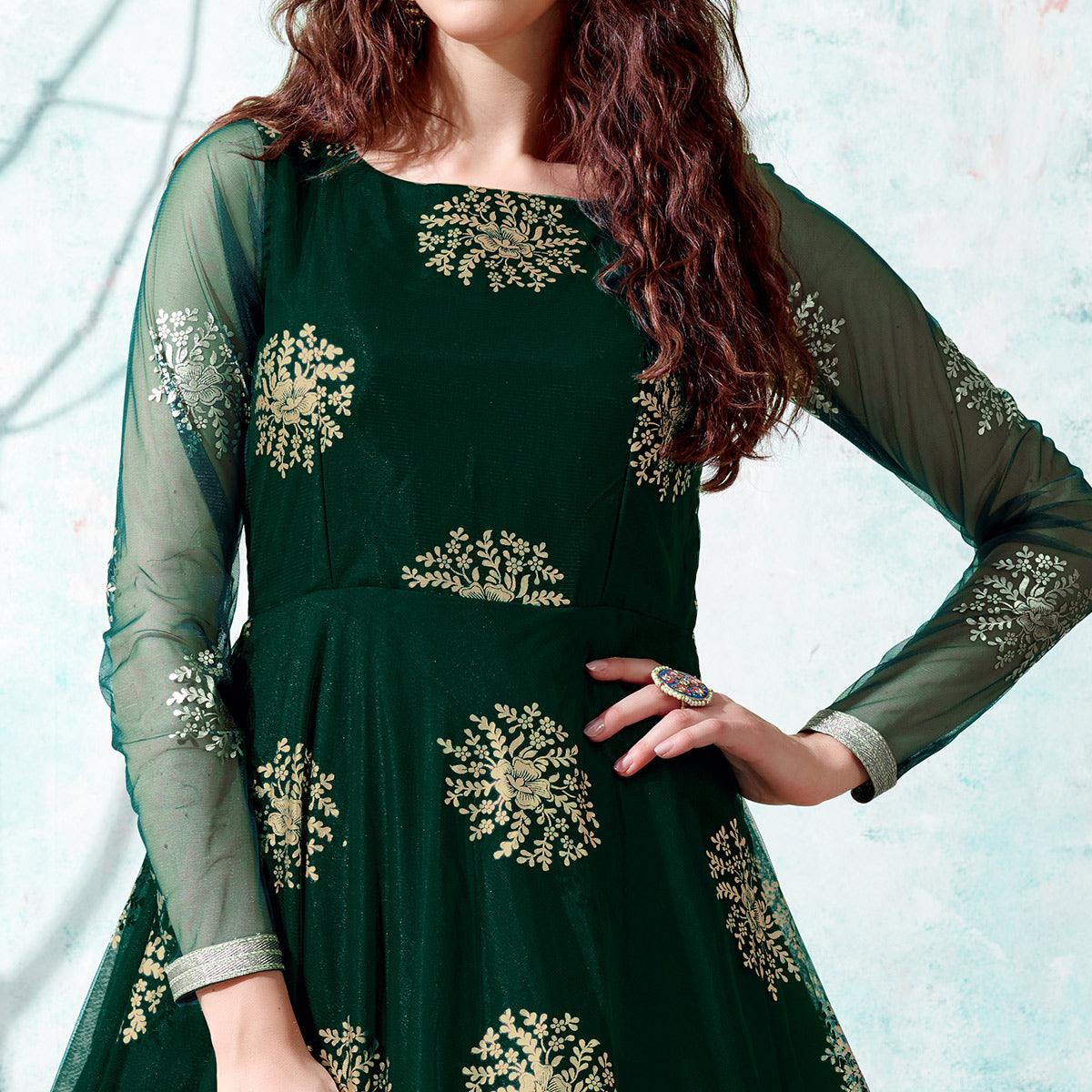 Bottle Green Foil Printed Netted Gown - Peachmode