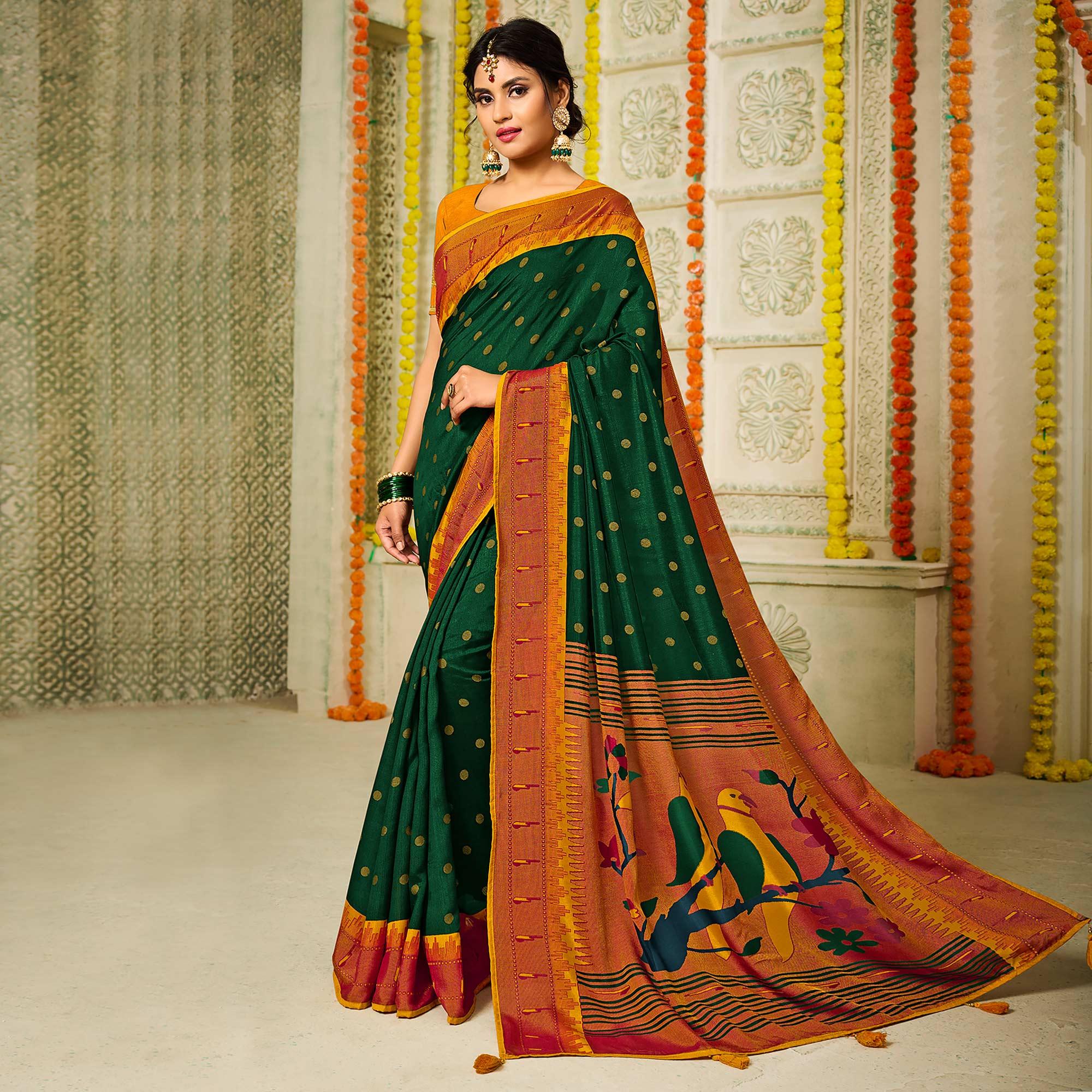 Bottle Green Geometric Printed Brasso Saree With Tassels - Peachmode