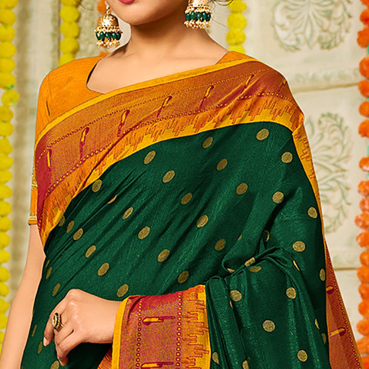 Bottle Green Geometric Printed Brasso Saree With Tassels - Peachmode