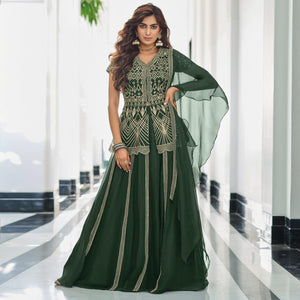 Bottle Green Gota Work Georgette Lehenga - Peachmode