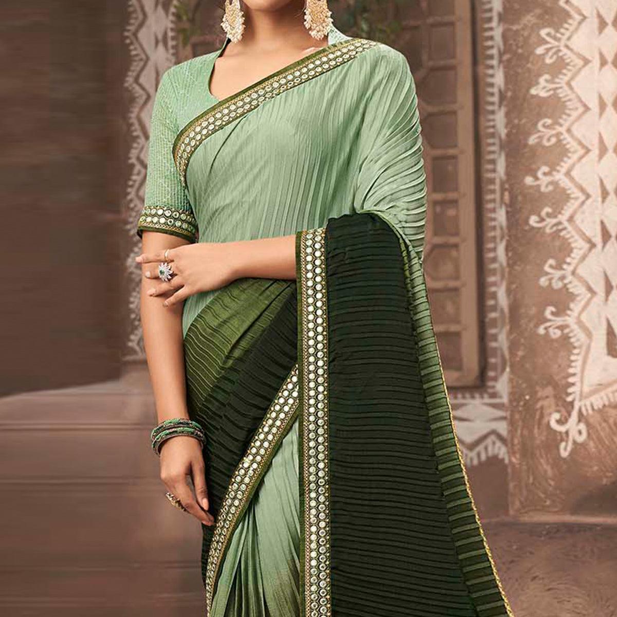 Bottle Green Partywear Crushed Chiffon Saree with Fancy Lace - Peachmode