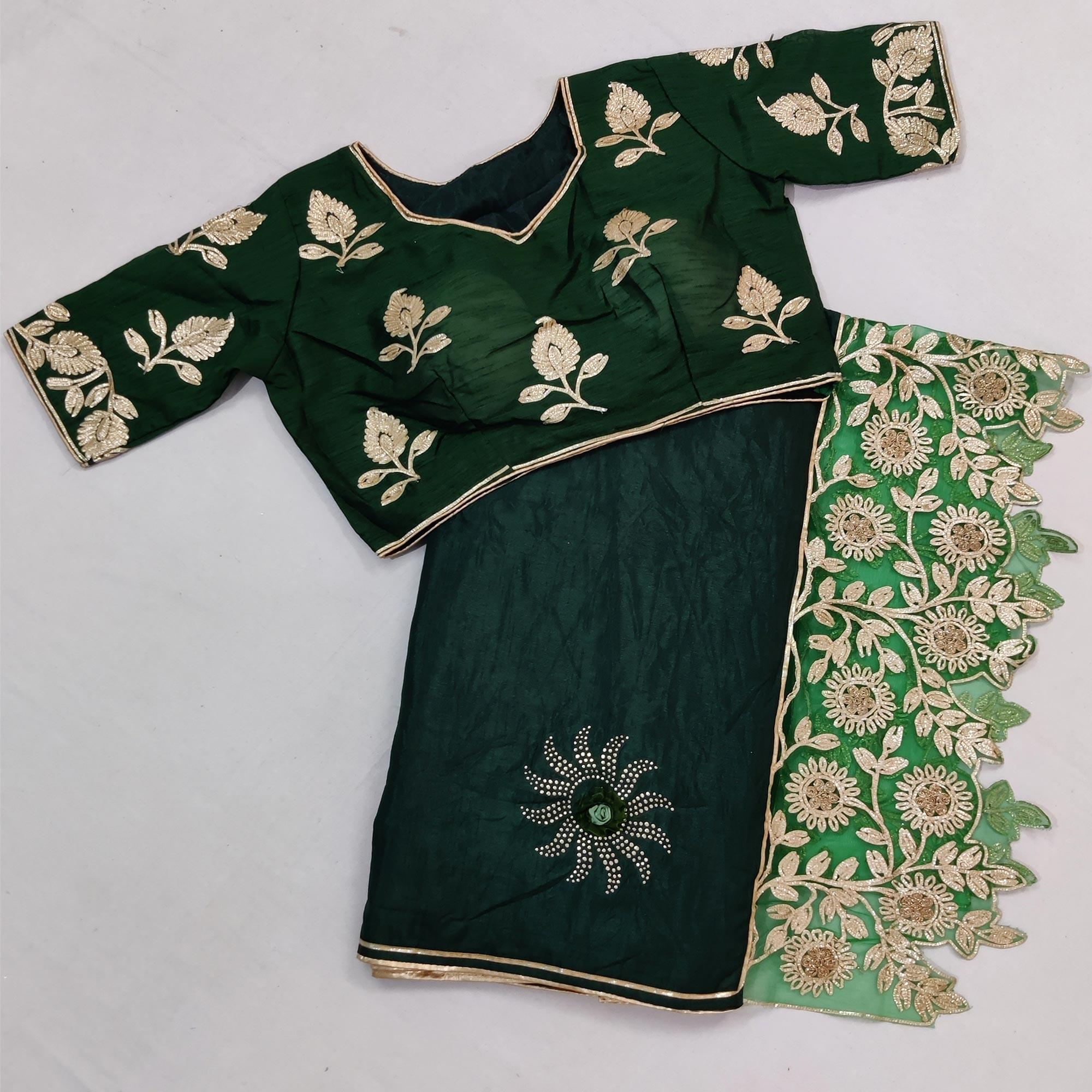 Bottle Green Partywear Embroidered Heavy Dola Silk Saree - Peachmode