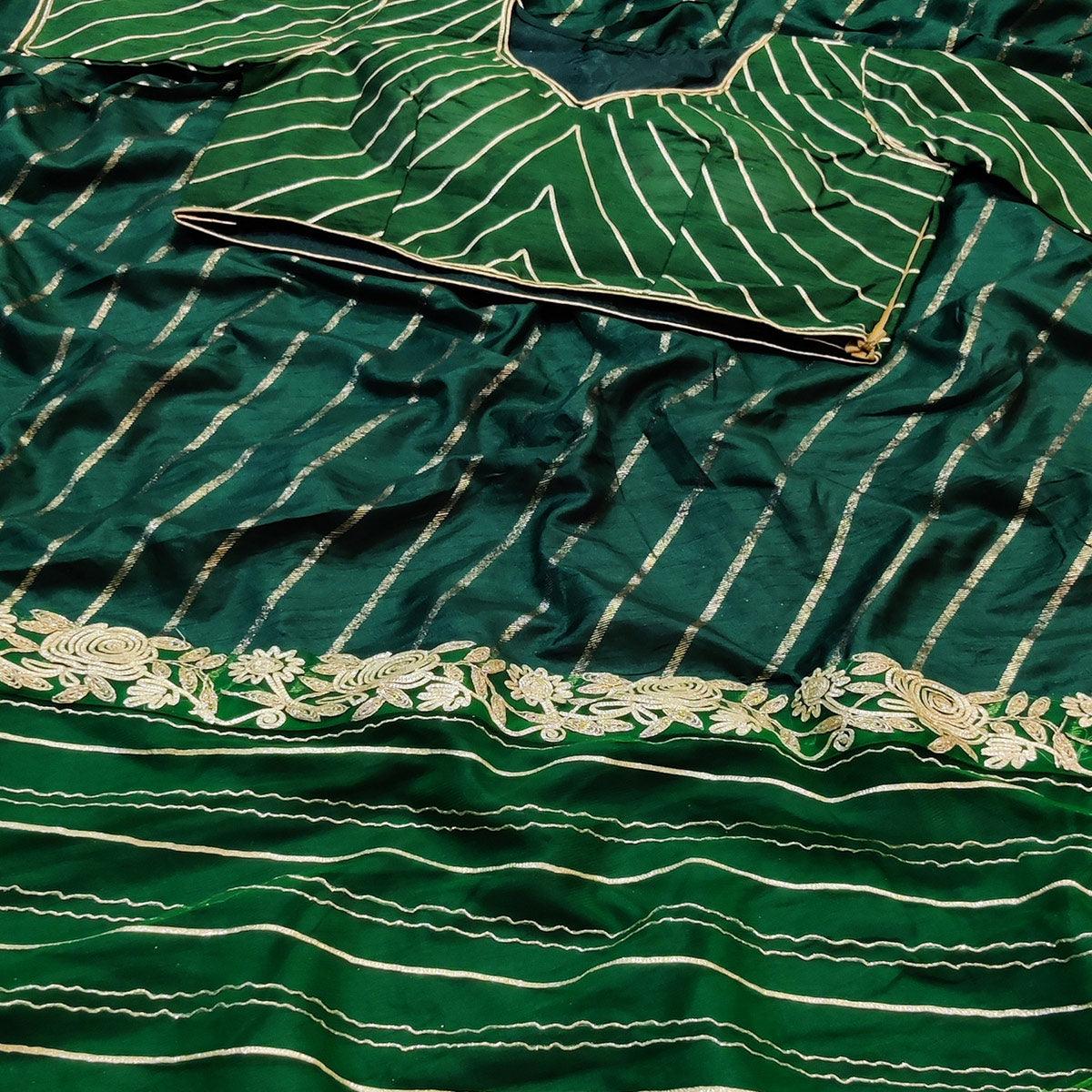 Bottle Green Partywear Floral Embroidered With Gotta Patti Dola Silk Saree - Peachmode