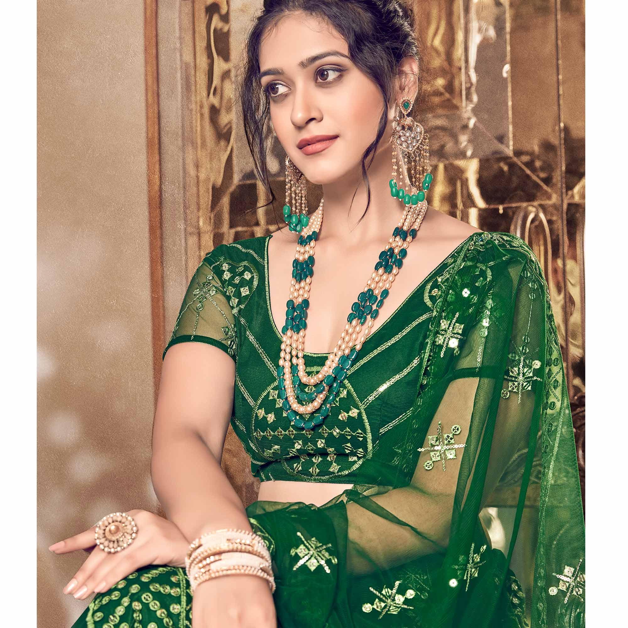 Bottle Green Partywear Thread Sequence Soft Net Lehenga Choli - Peachmode