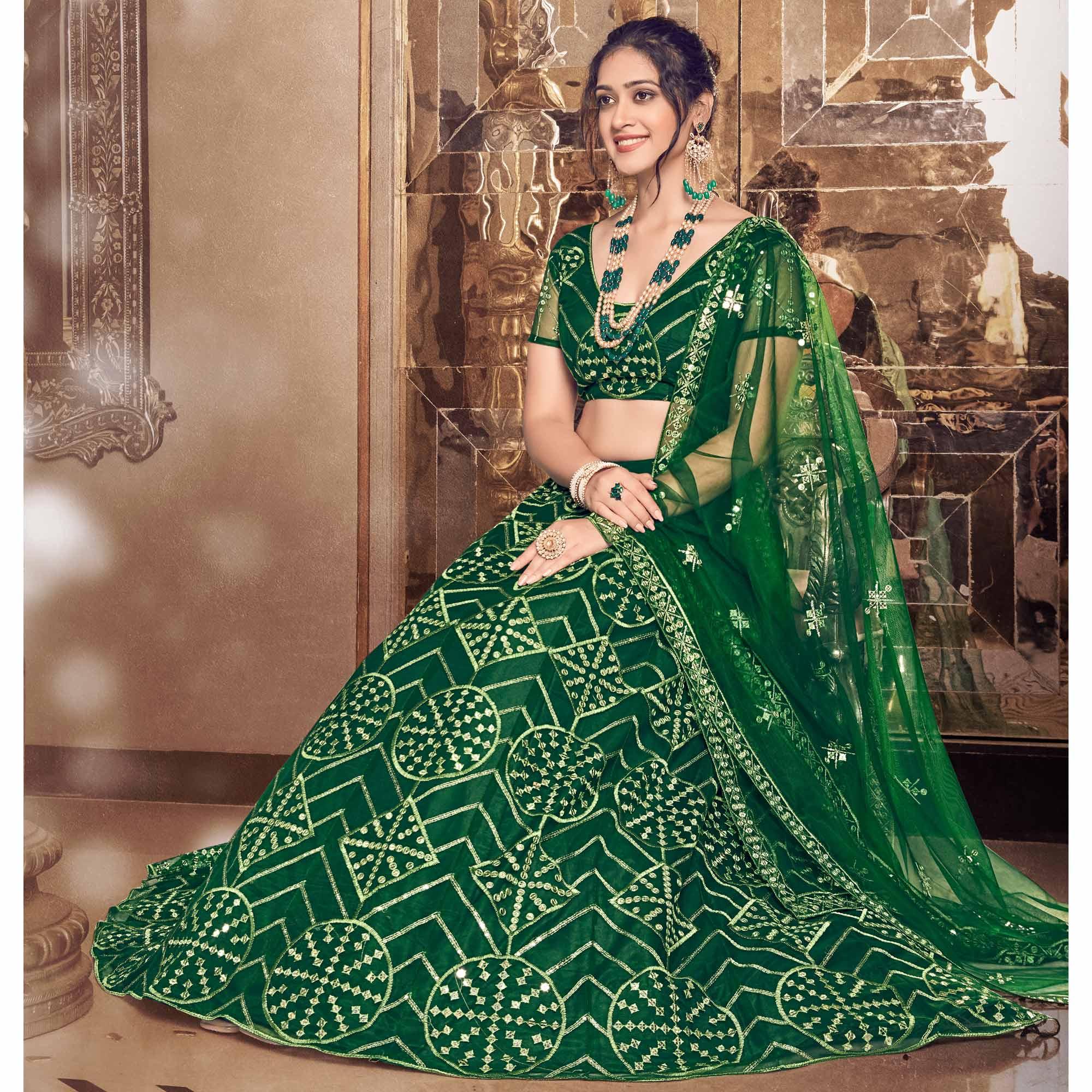 Bottle Green Partywear Thread Sequence Soft Net Lehenga Choli - Peachmode