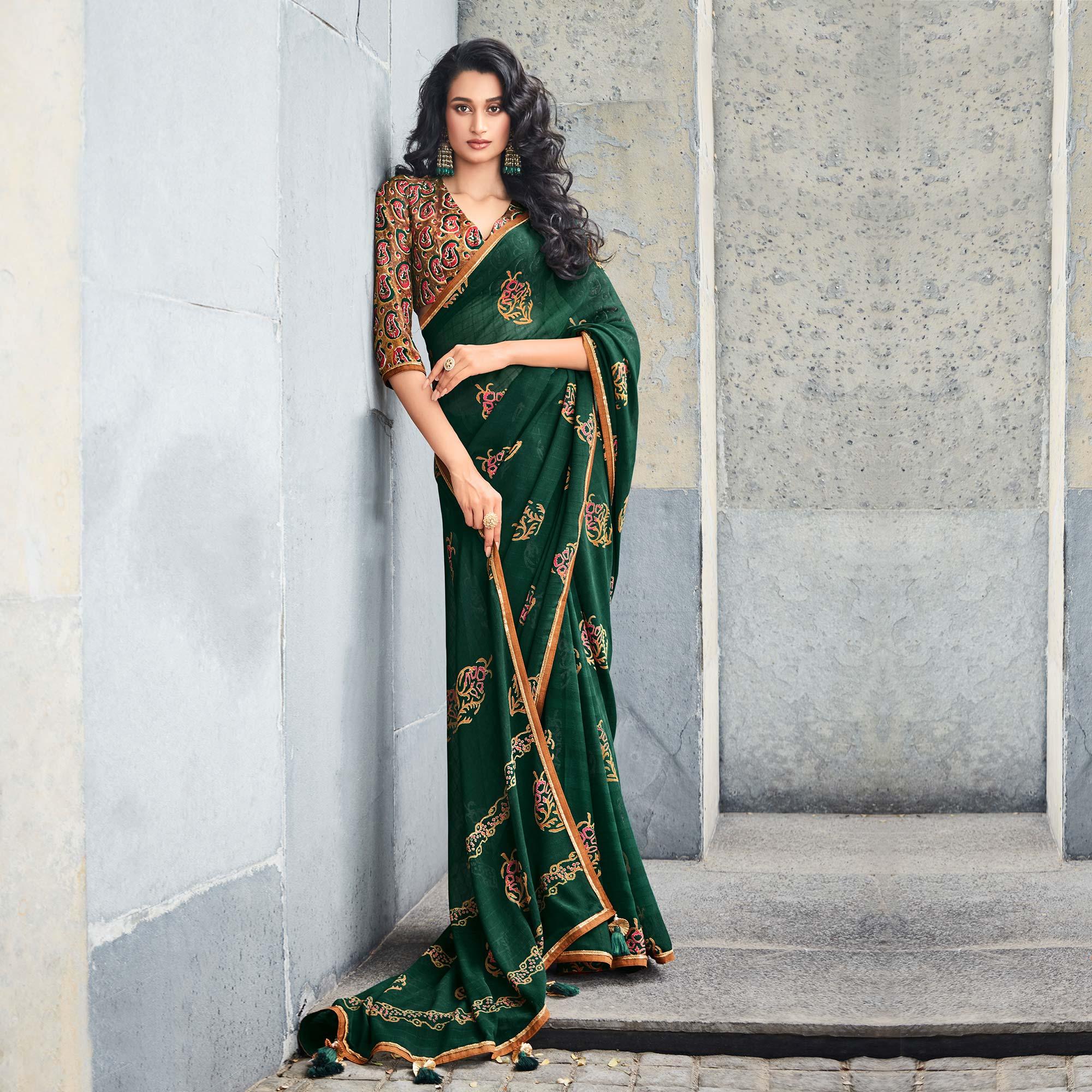 Bottle Green Printed With Gota Patti Border Georgette Saree - Peachmode