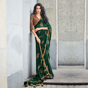 Bottle Green Printed With Gota Patti Border Georgette Saree - Peachmode