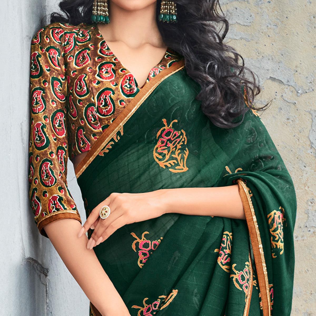 Bottle Green Printed With Gota Patti Border Georgette Saree - Peachmode