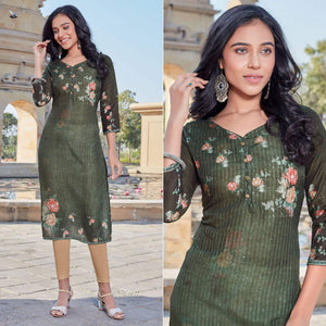 Bottle Green Sequence Embroidered Cotton Silk Kurti - Peachmode