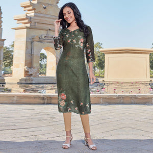 Bottle Green Sequence Embroidered Cotton Silk Kurti - Peachmode