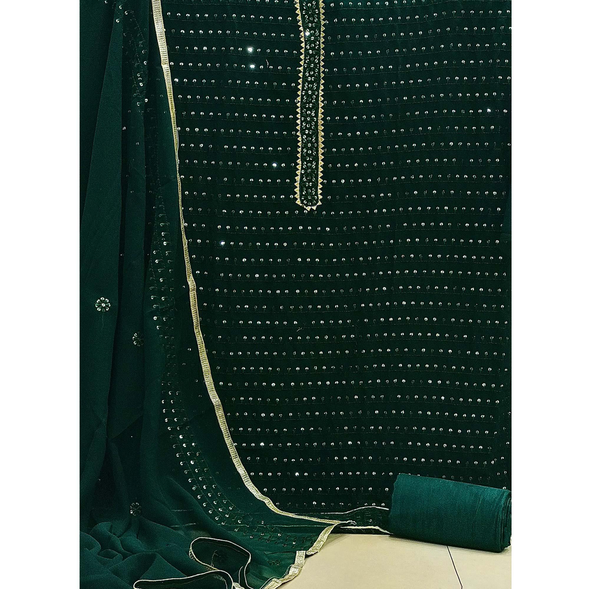 Bottle Green Sequence Embroidered Georgette Dress Material - Peachmode