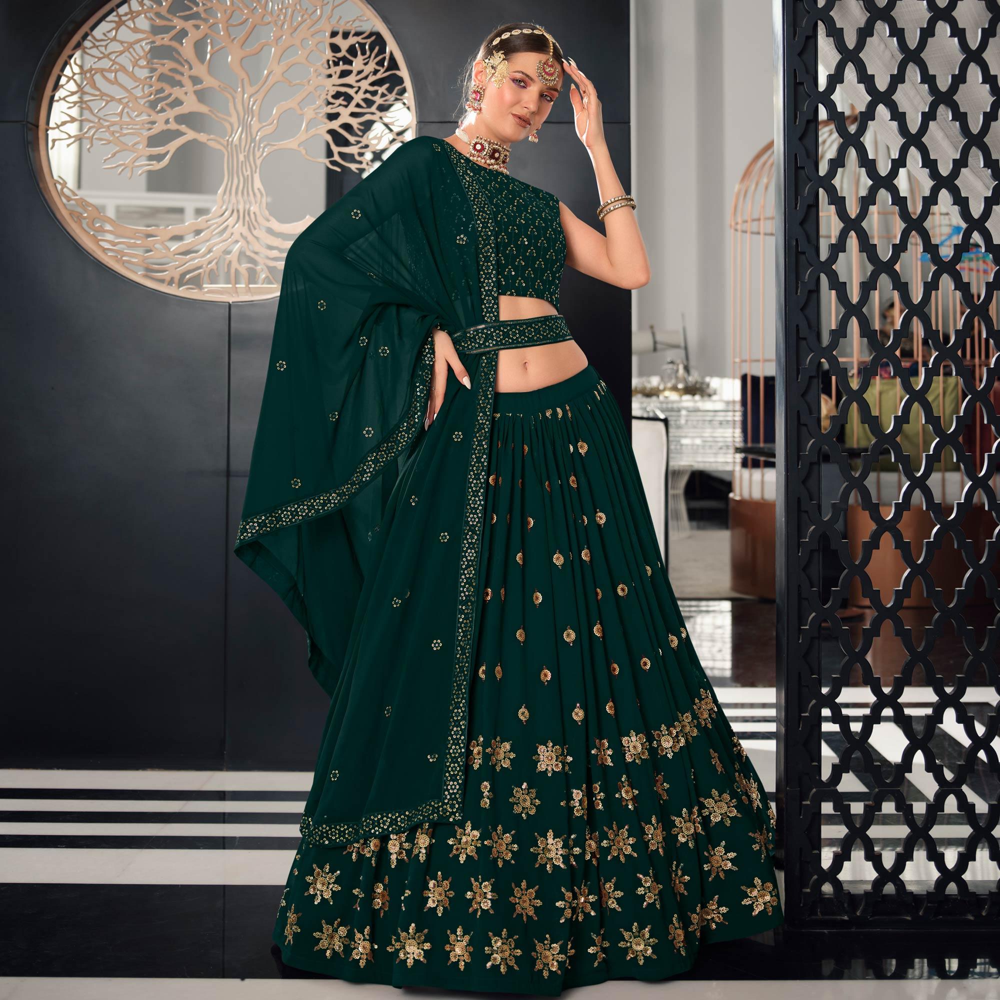 Bottle Green Sequence Embroidered Georgette Lehenga Choli - Peachmode