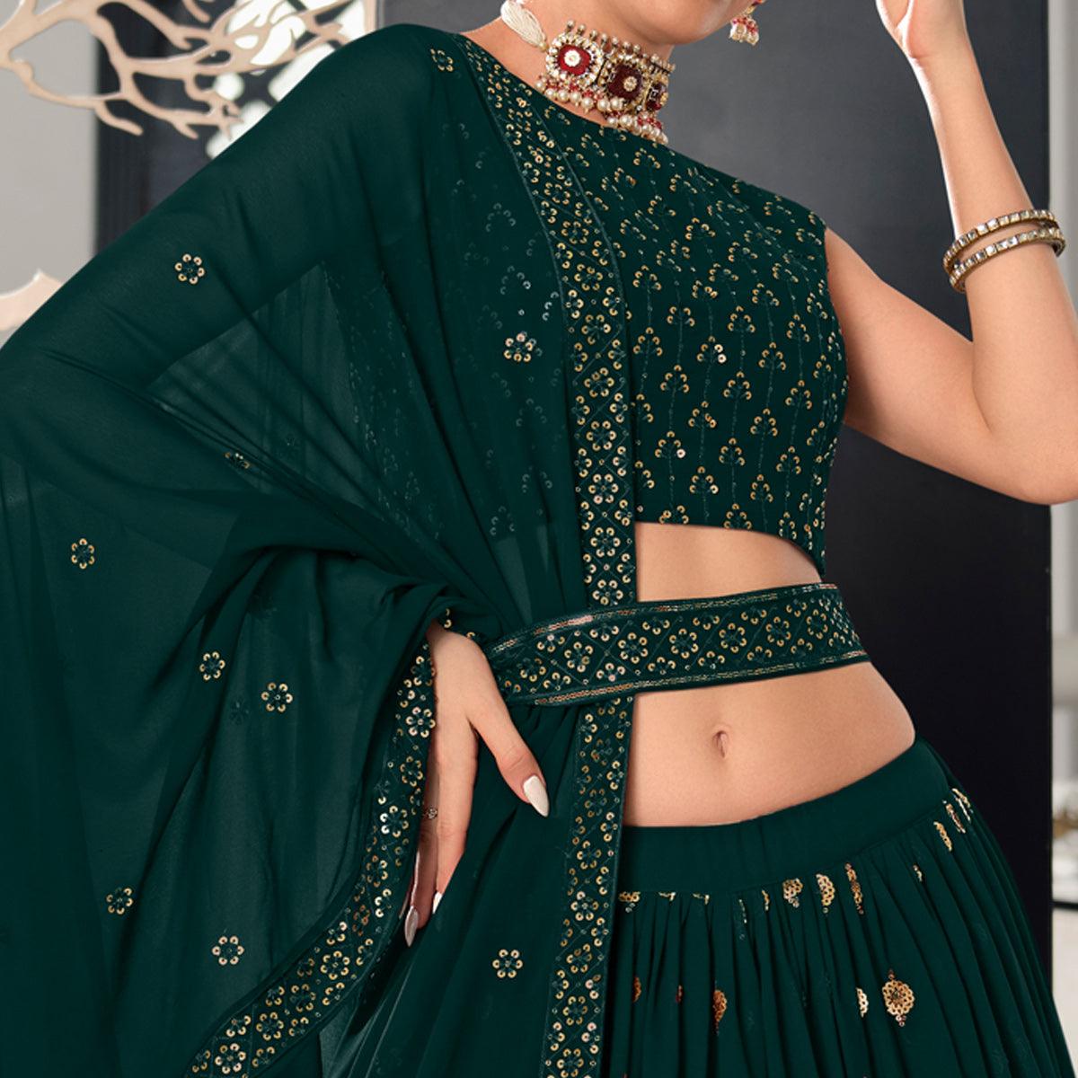 Bottle Green Sequence Embroidered Georgette Lehenga Choli - Peachmode