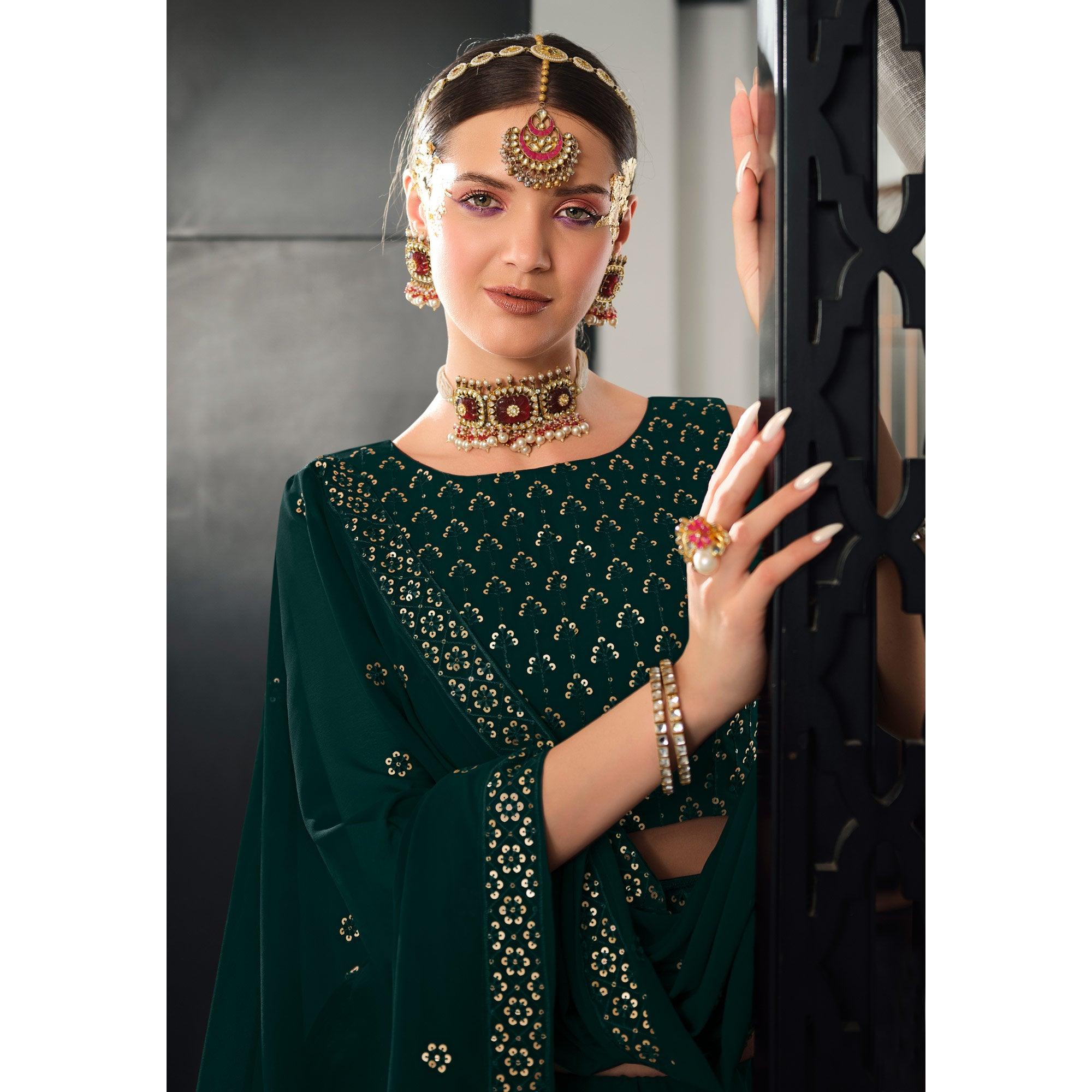 Bottle Green Sequence Embroidered Georgette Lehenga Choli - Peachmode