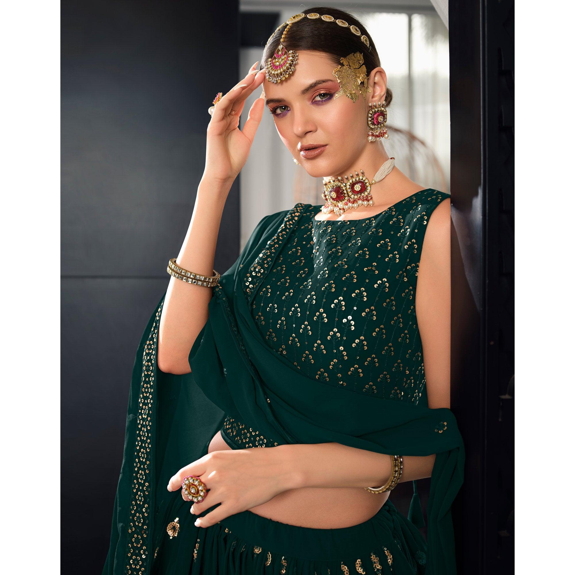 Bottle Green Sequence Embroidered Georgette Lehenga Choli - Peachmode