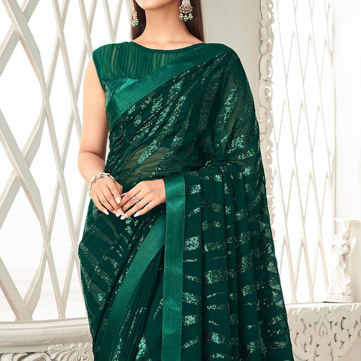 Bottle Green Sequence Embroidered Georgette Saree With Tassels - Peachmode
