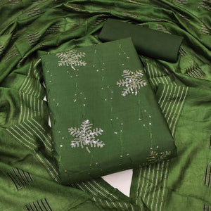 Bottle Green Sequence Embroidered Pure Cotton Dress Material - Peachmode