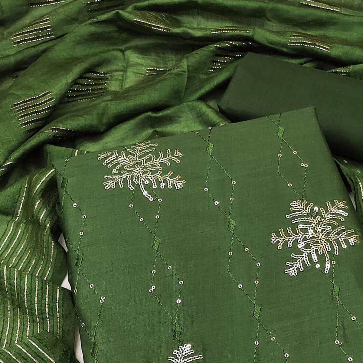 Bottle Green Sequence Embroidered Pure Cotton Dress Material - Peachmode