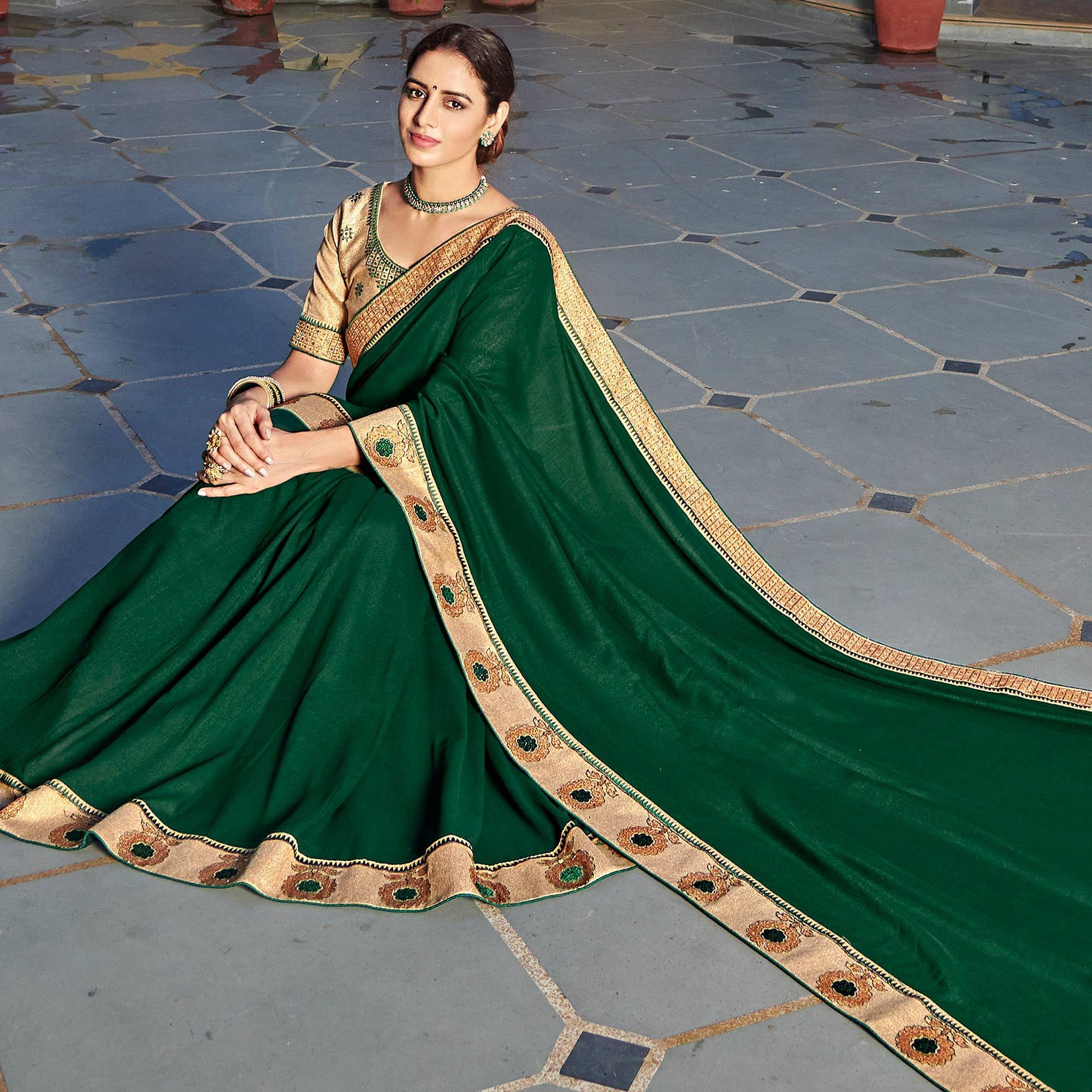 Bottle Green Solid-Embroidered Border Vichitra Silk Saree With Tassels - Peachmode