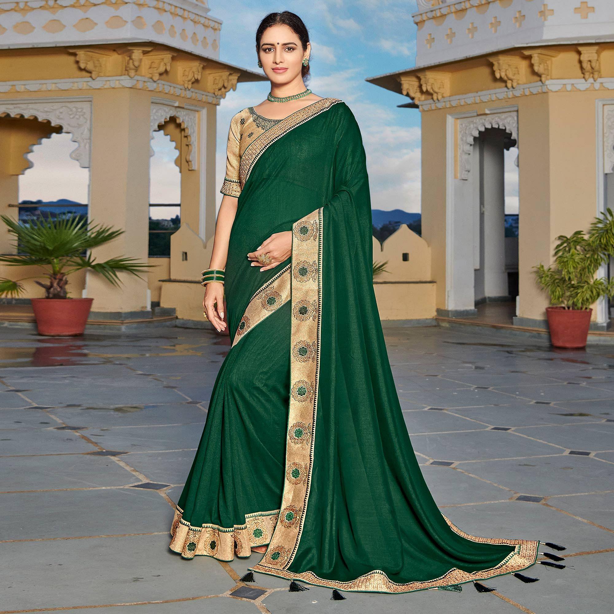 Bottle Green Solid-Embroidered Border Vichitra Silk Saree With Tassels - Peachmode