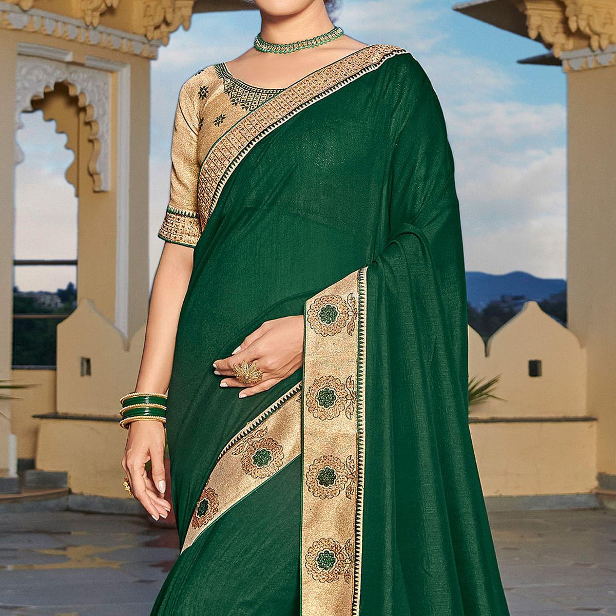 Bottle Green Solid-Embroidered Border Vichitra Silk Saree With Tassels - Peachmode