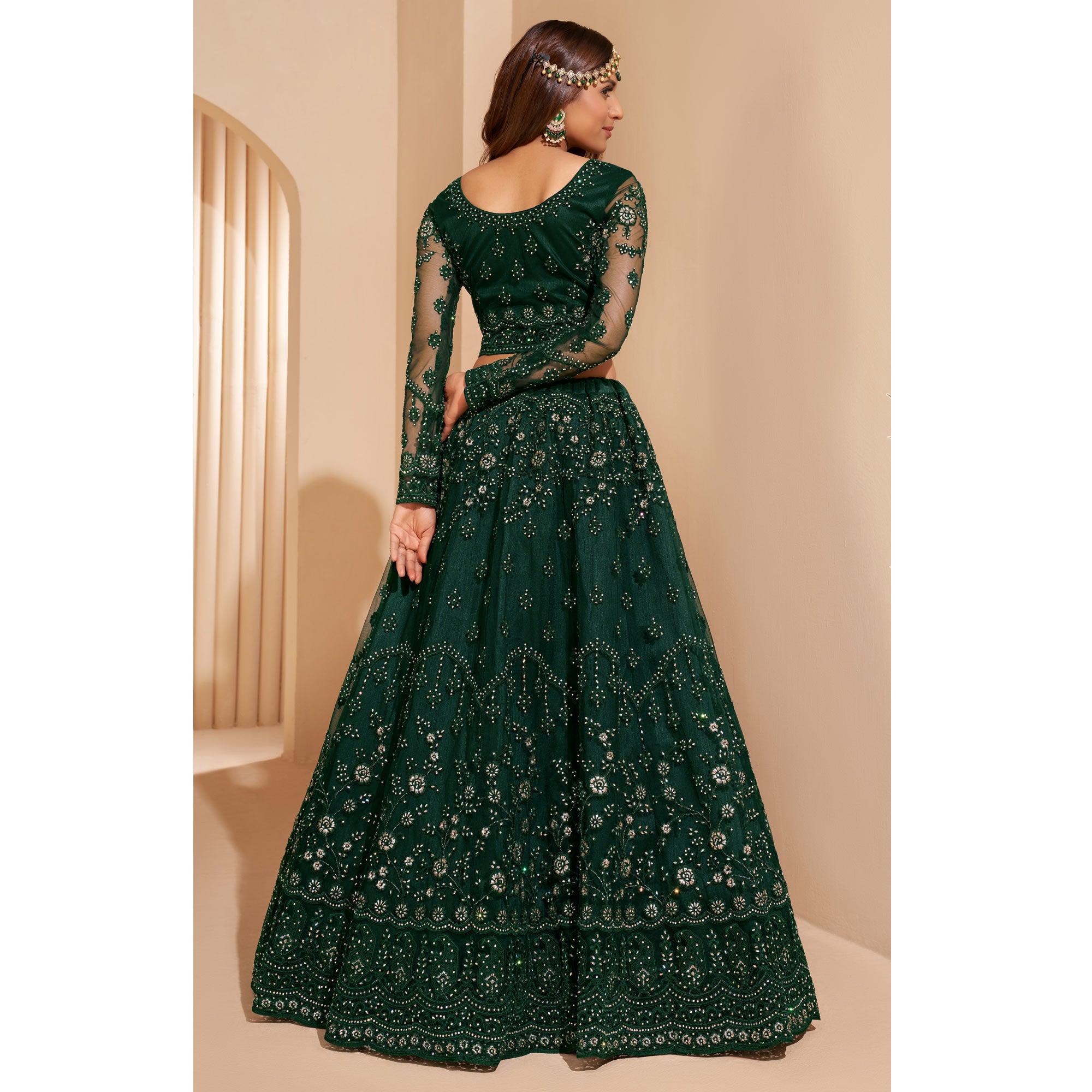 Bottle Green Wedding Wear Embroidered With Embellished Net Lehenga Choli - Peachmode