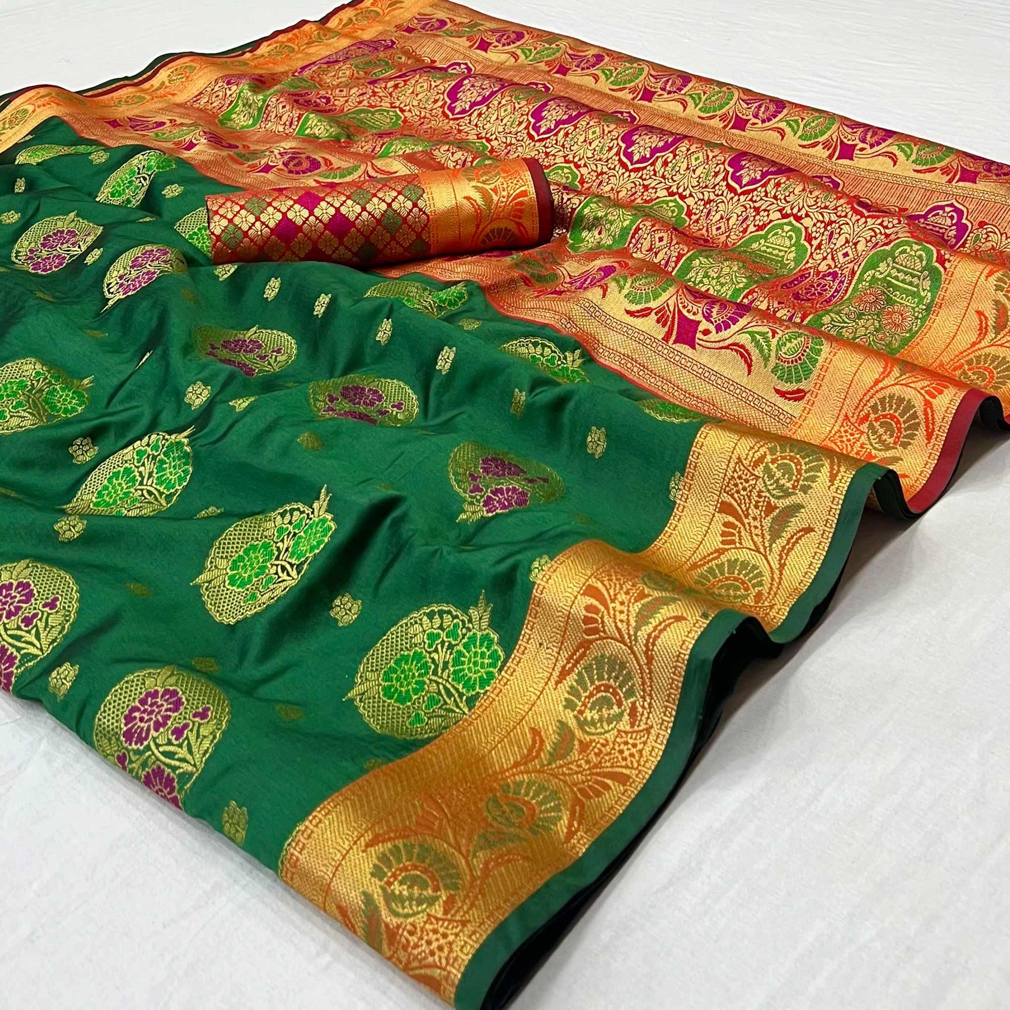 Bottle Green Woven Art Silk Saree - Peachmode