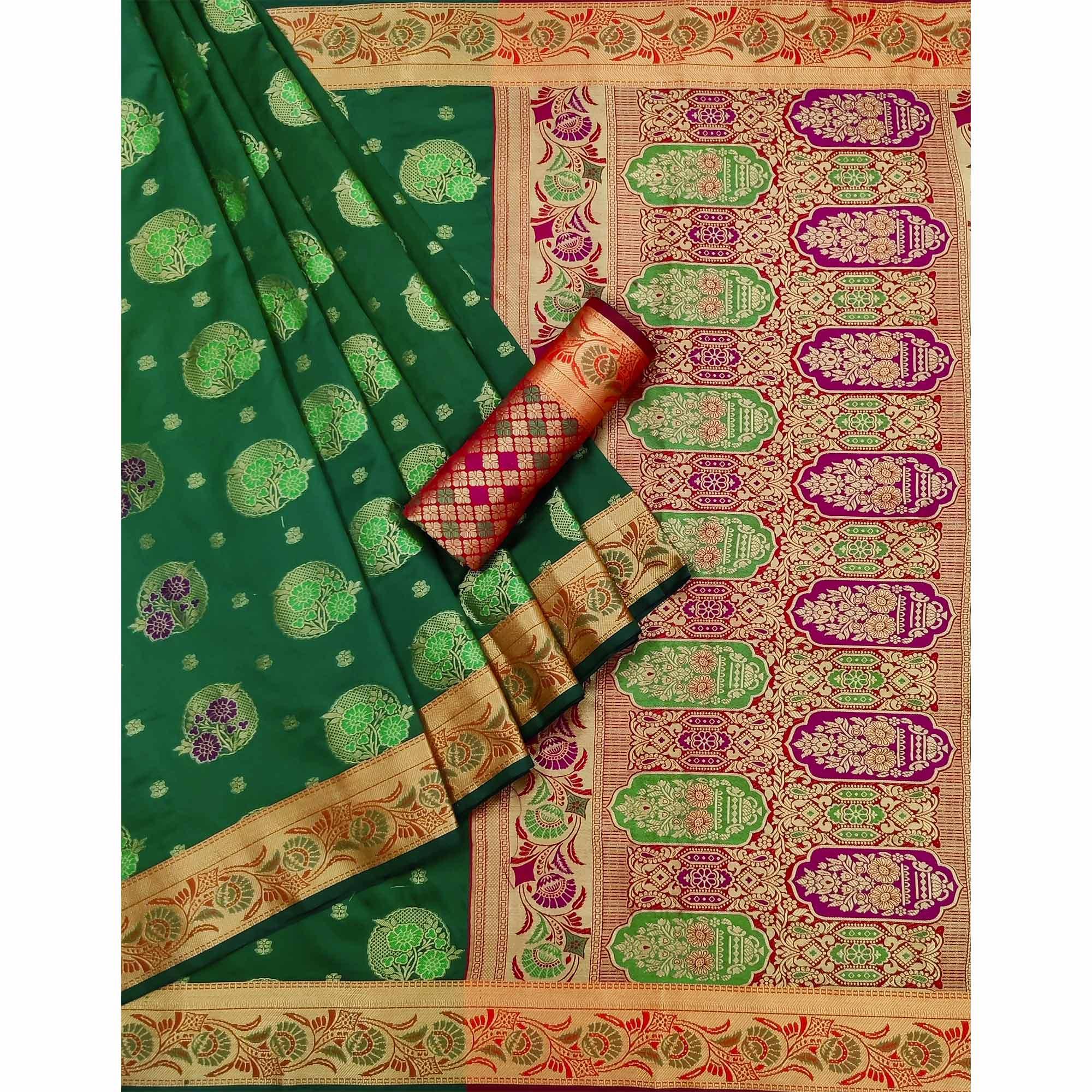 Bottle Green Woven Art Silk Saree - Peachmode