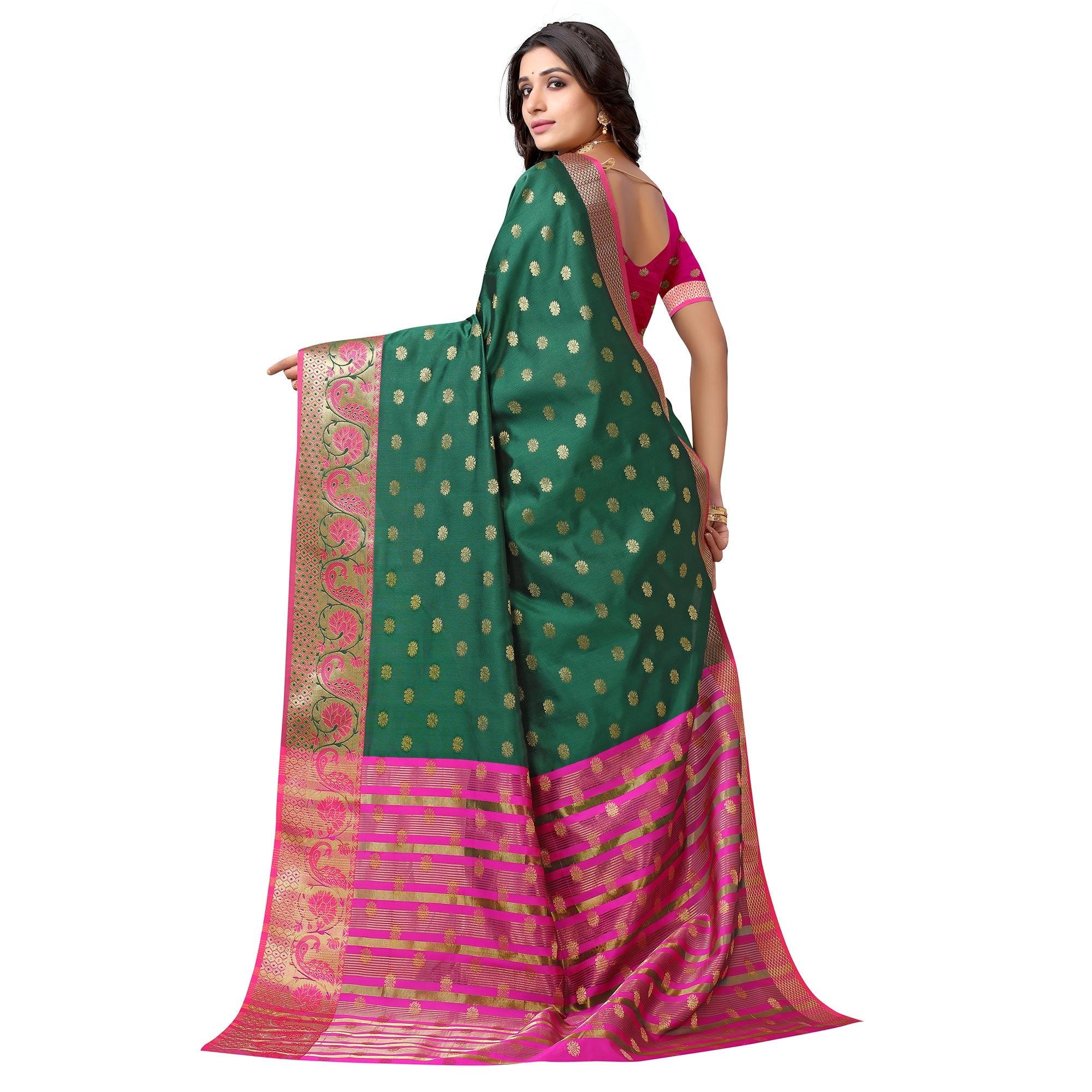 Bottle Green Woven Art Silk Saree - Peachmode