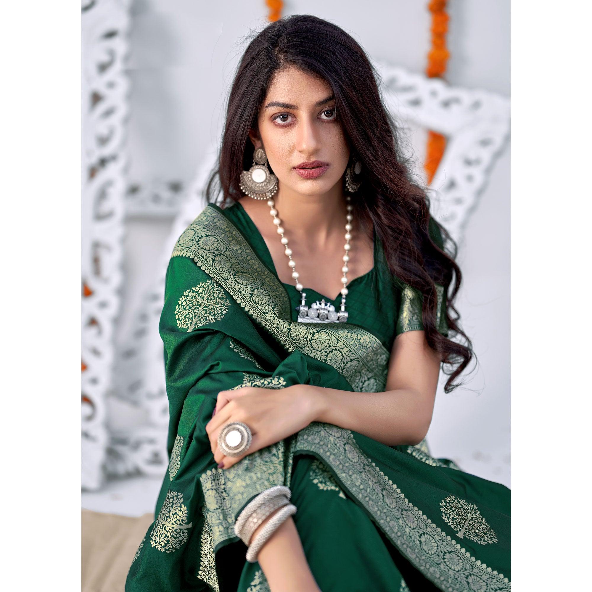 Bottle Green Woven Banarasi Silk Saree - Peachmode