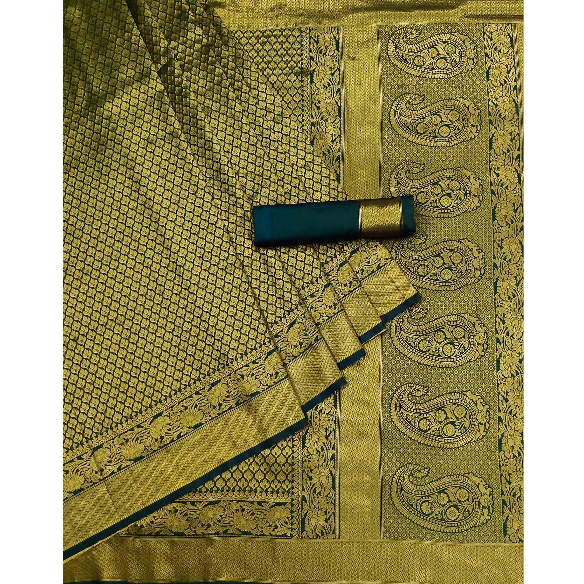Bottle Green Woven Jacquard Saree - Peachmode