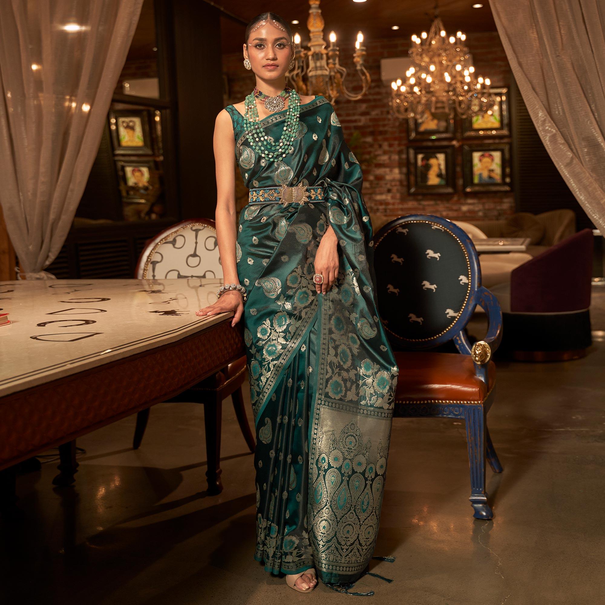 Bottle Green Woven Satin Saree With Tassels - Peachmode