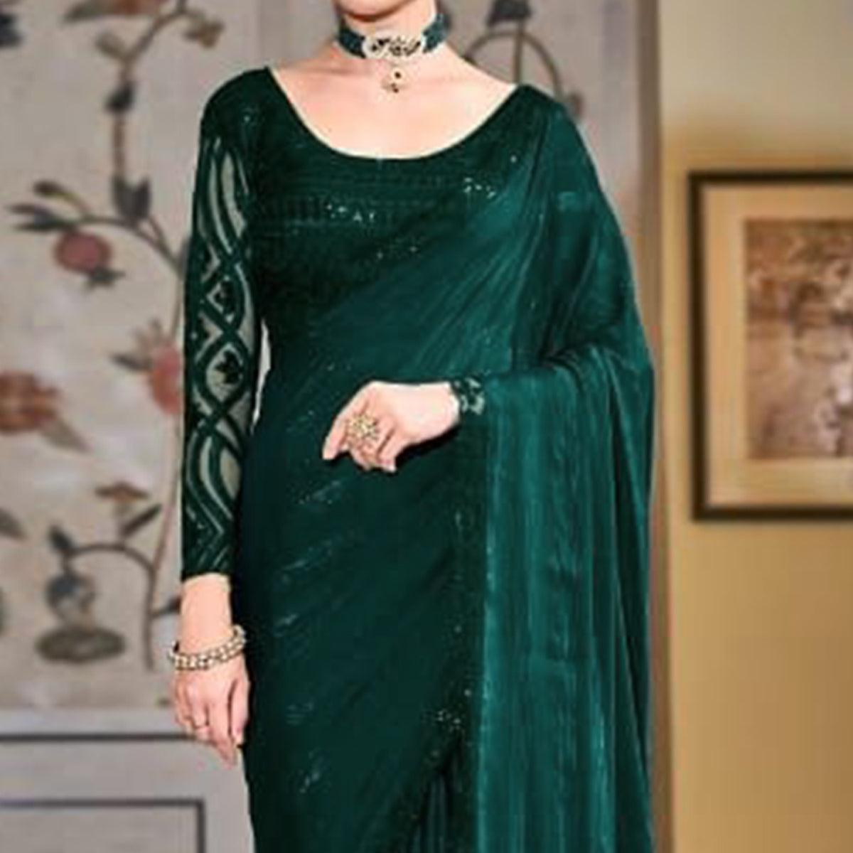 Bottle Green Zari Striped Art Silk Saree - Peachmode