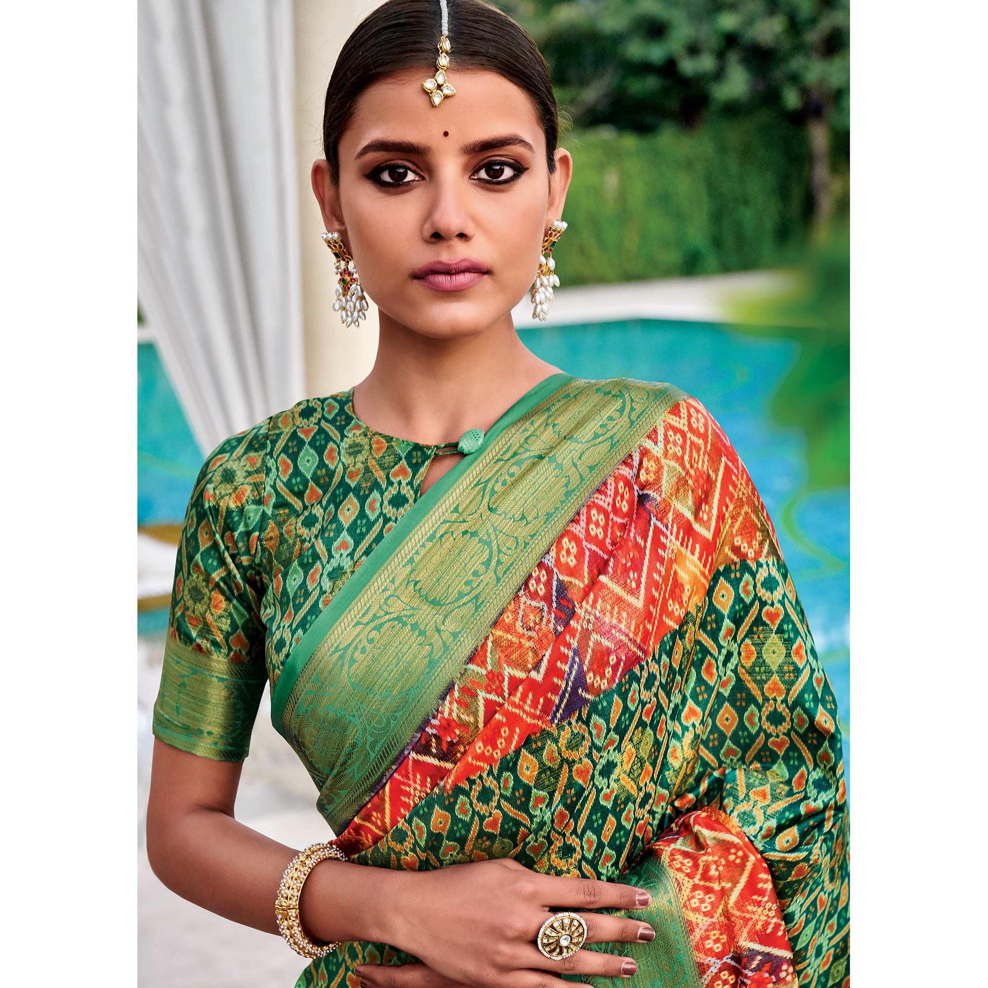 Bottole Green Festive Wear Digital Printed Woven Silk Saree - Peachmode
