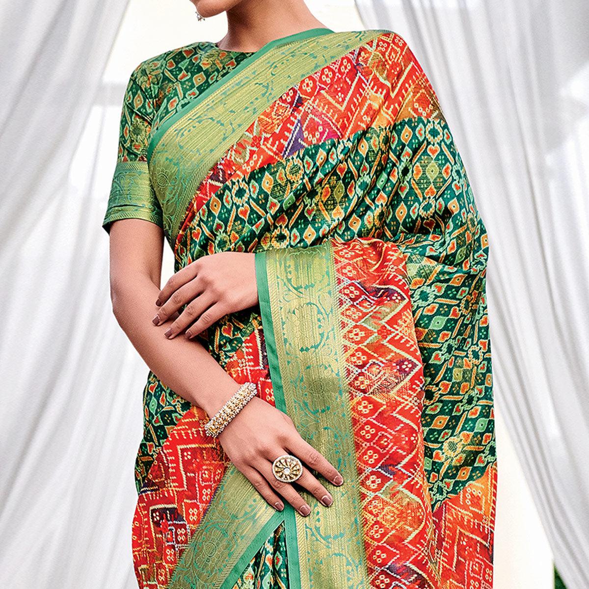 Bottole Green Festive Wear Digital Printed Woven Silk Saree - Peachmode