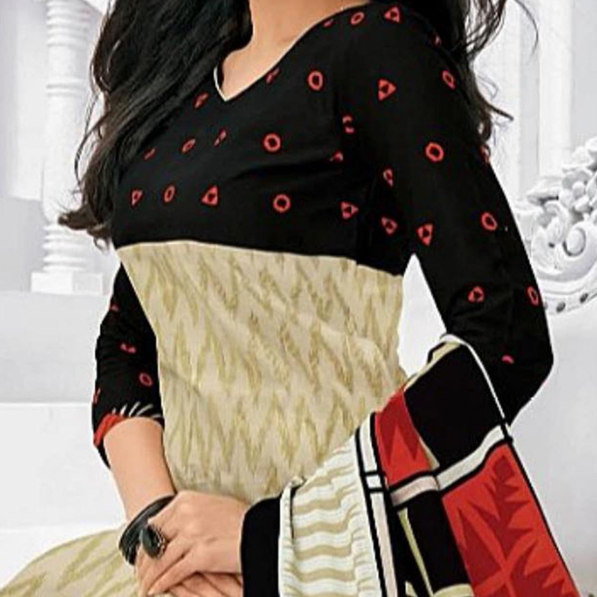 Breathtaking Black - Cream Colored Casual Wear Printed Cotton Stitched Patiala Suit - Peachmode