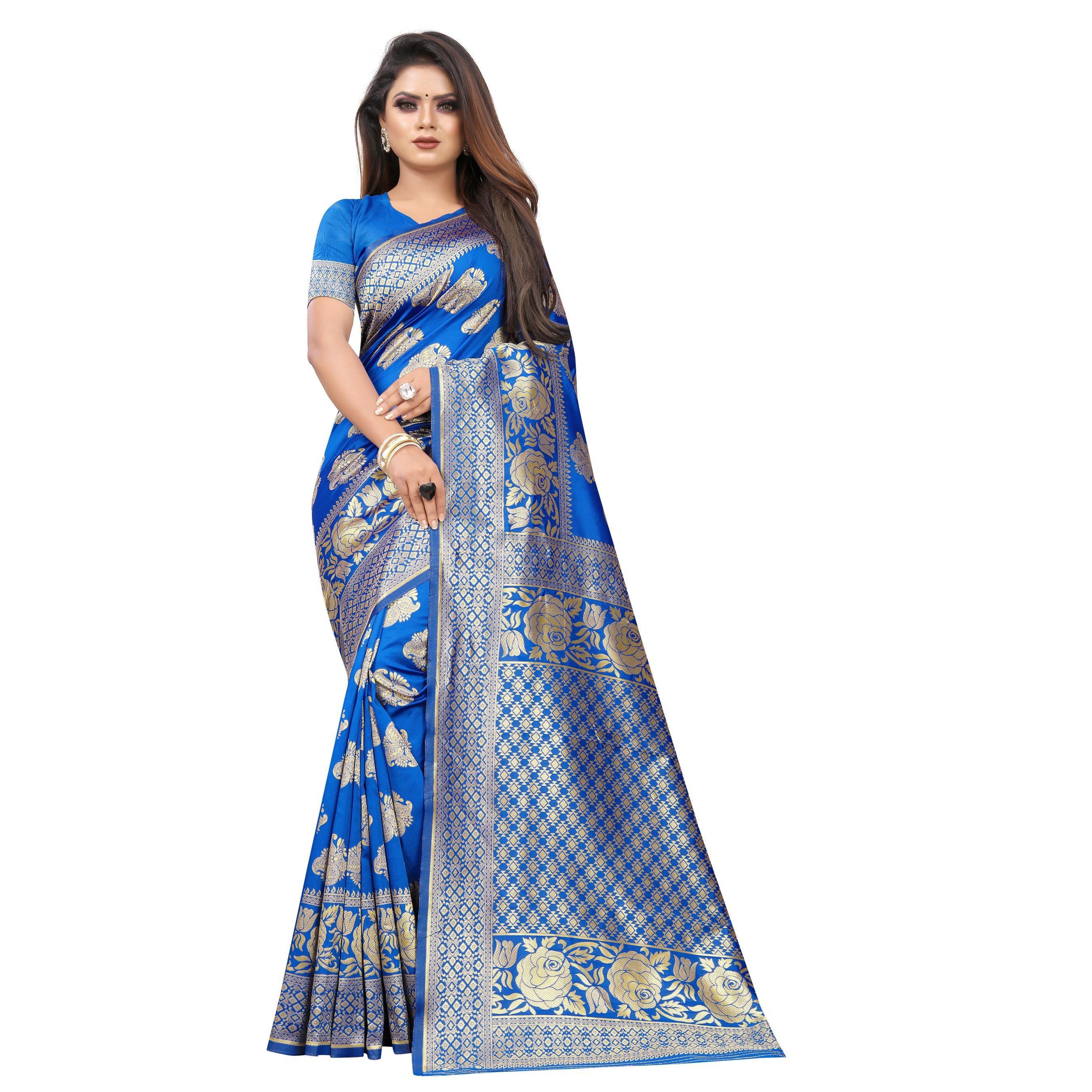 Breathtaking Blue Colored Festive Wear Woven Lichi Silk Saree - Peachmode