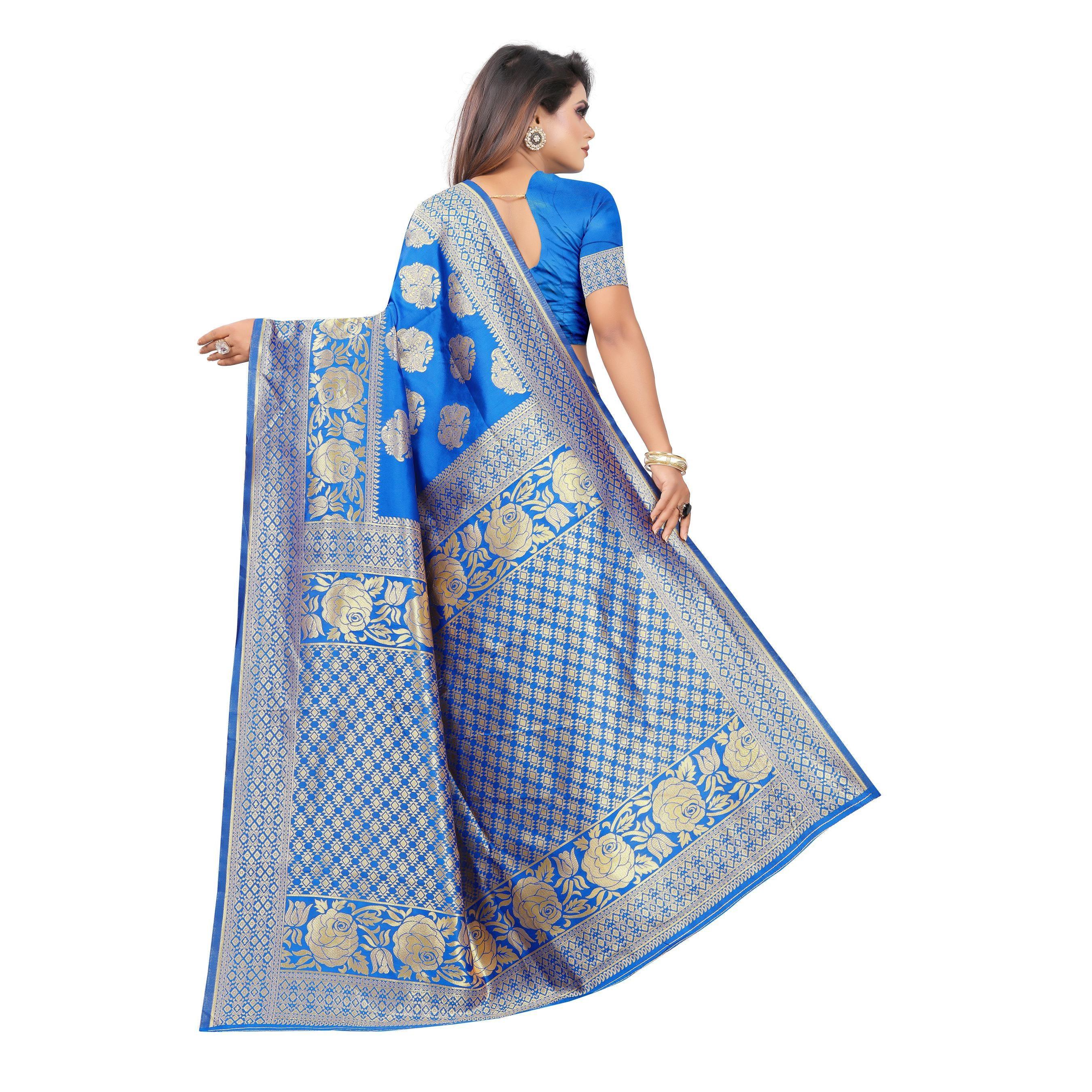 Breathtaking Blue Colored Festive Wear Woven Lichi Silk Saree - Peachmode
